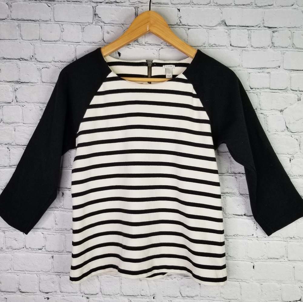 J.Crew Top Raglan Black and Cream Striped 3/4 sleeve - Medium